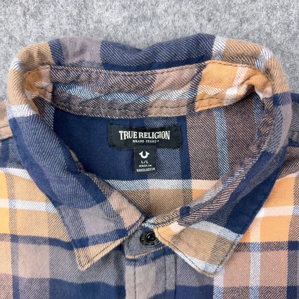 True Religion Shirt Mens Large Blue Tan Plaid Flannel Shacket Logo‎ Flap Pockets